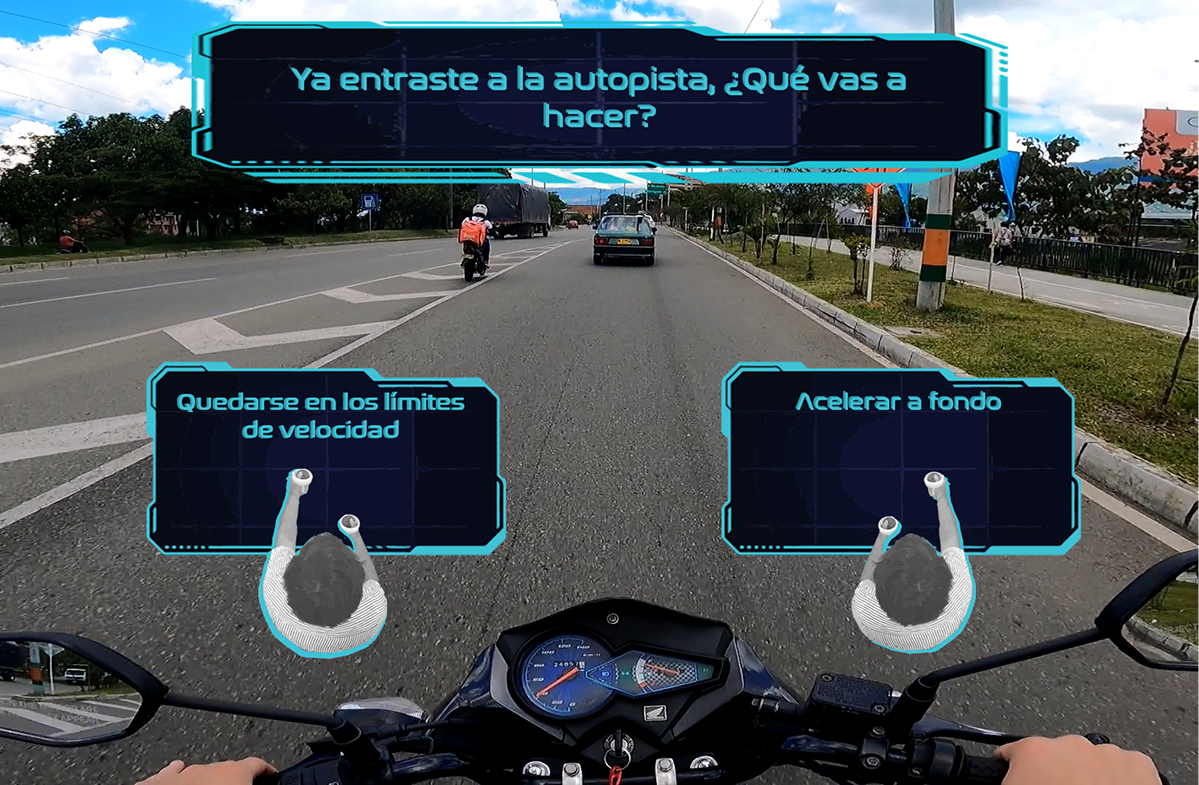 Decision moment in the VR experience - controller input interface overlaid on road footage